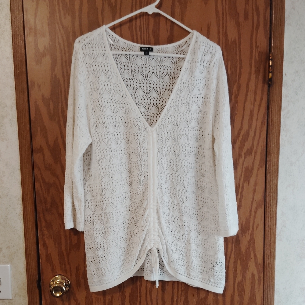 torrid White Crochet V-Neck Open Knit Sweater